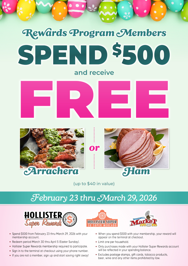 Rewards Program Members Spend $500 and receive free Arrachera or Ham (Up to $40 in Value) February 23rd thru March 29th 2026